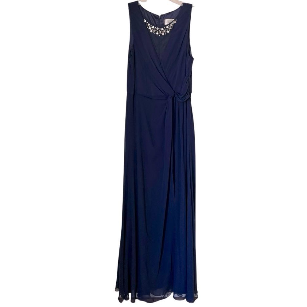 ELIZA J Embellished Chiffon Elegant Navy Blue Sleeveless Dress Gown sz 12